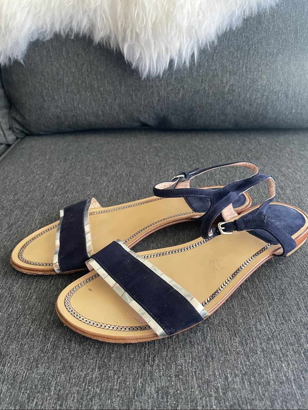 Stuart Weitzman navy / silver sandals flats 7,5 simple elegant comfortable
